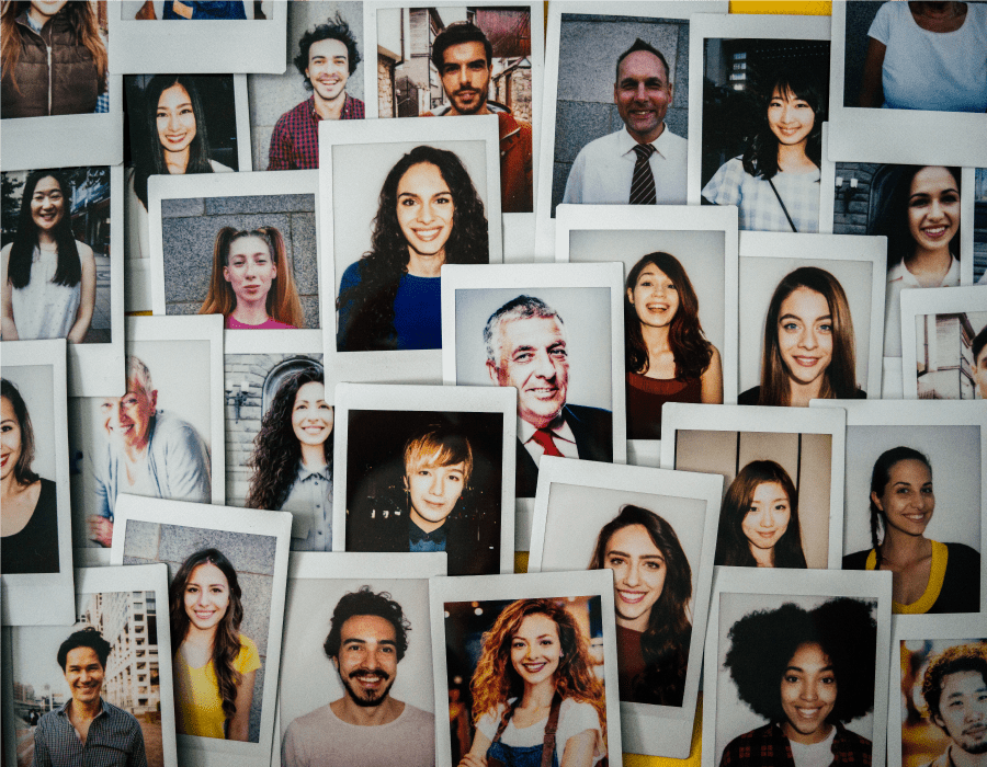Collage of Polaroid pictures of a divers group of people in age, ethnicity, and gender.