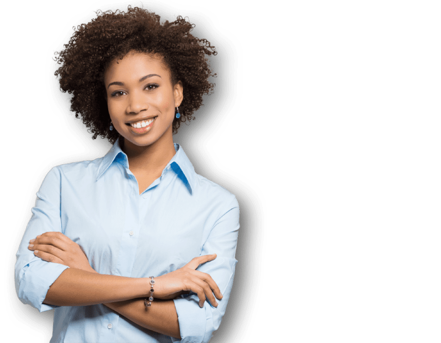 Young African American woman standing with her arms crossed with a pleasant smile.