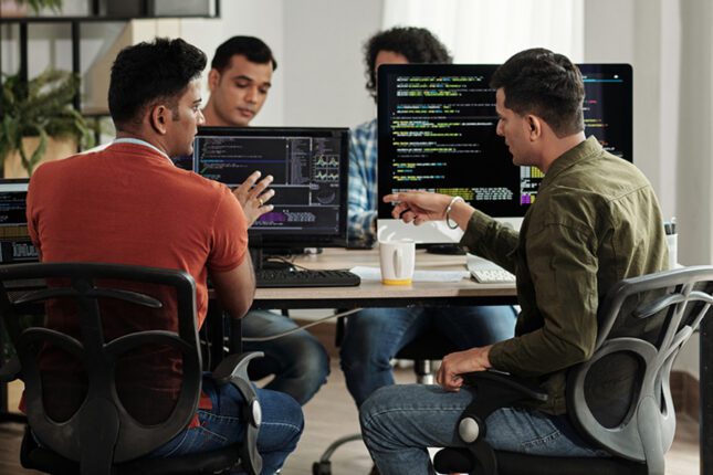 Software developers discussing programming code.