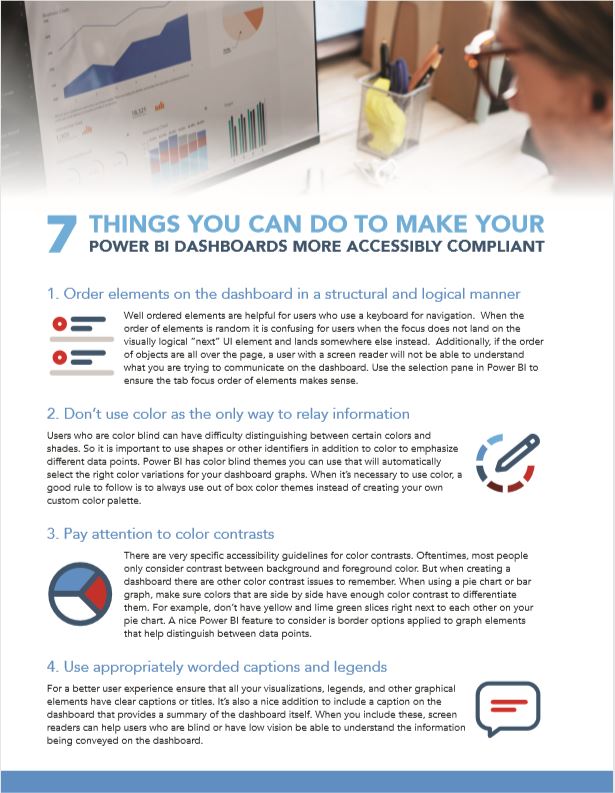 Screenshot of a PDF file listing tips to make Power BI dashboards more accessible.