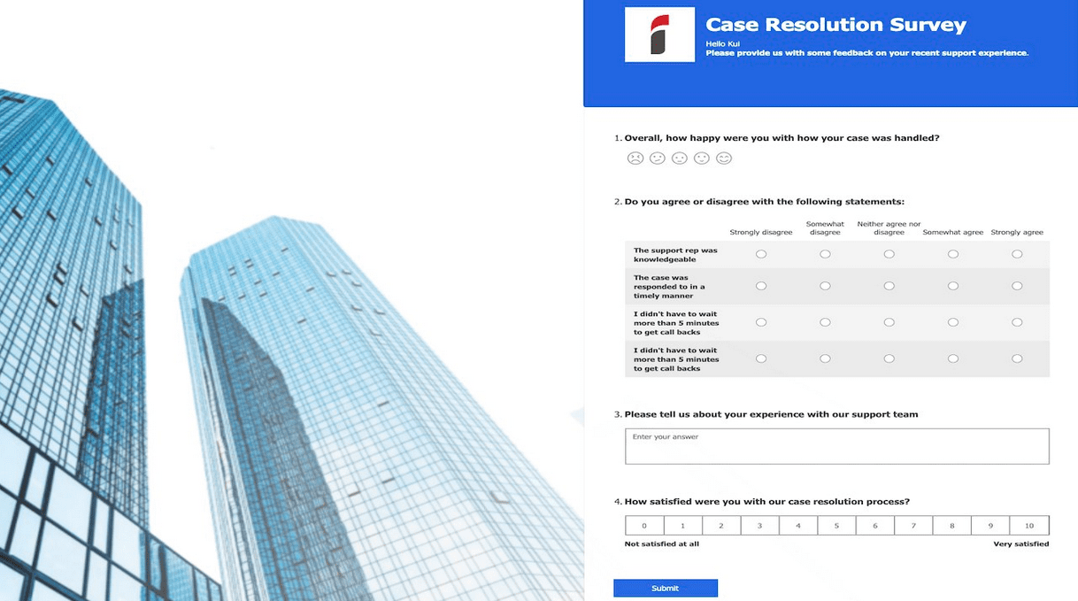 A screen shot showing a basic Customer Voice form with questions on it, overlaying the iSoftStone blue high-rise building background