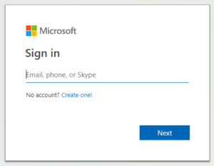 Microsoft sign in form, asking for an email, phone number or Skype username, with a button labeled Next