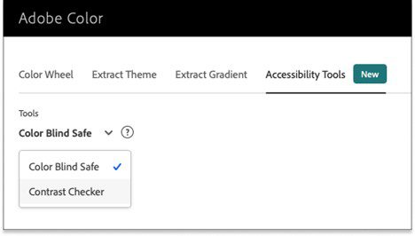 Screenshot of the new Adobe Color Accessibility Tools tab to analyze color blind safe themes and check color contrast.