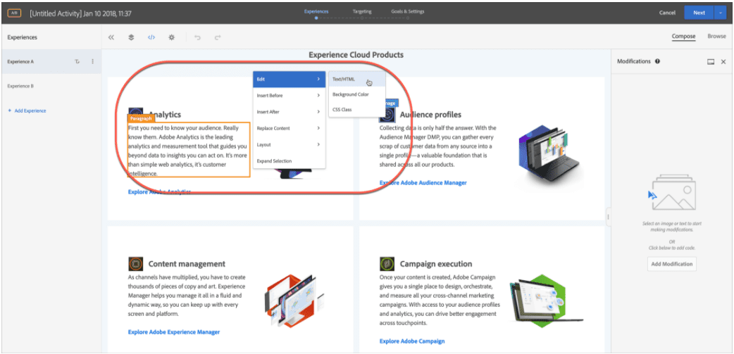 Adobe Target and the Visual Experience Composer - showing element relationships