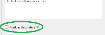 Alt text pane showing the location of the mark as decorative checkbox.