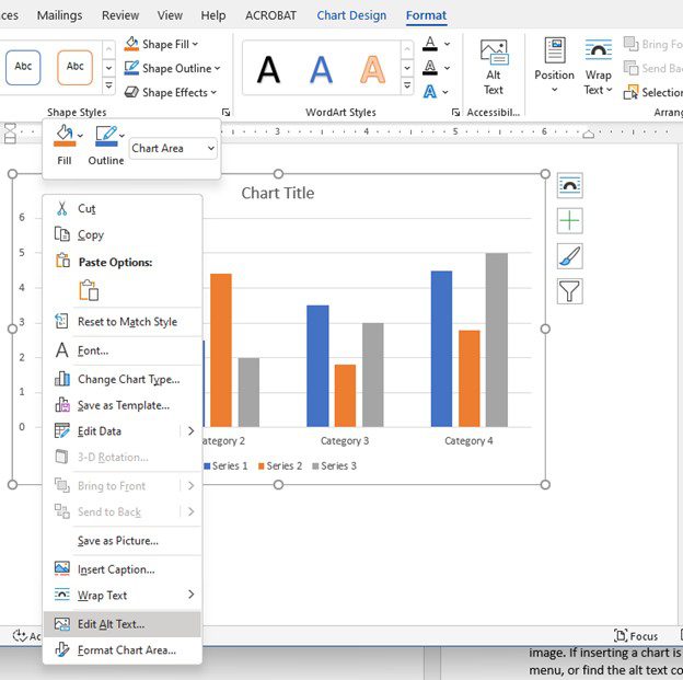 Chart context menu, showing location of the alt text option.