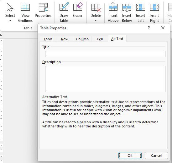 Layout ribbon tab showing the location of the Table Properties window.