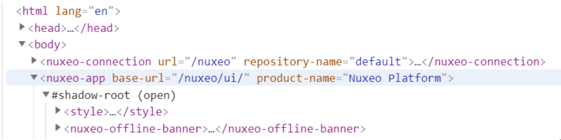 Partial screenshot from the Elements tab in Chrome dev tools, examining Nuxeo's WebUI. The head tag is closed. The body tag is open. Under the body tag, the nuxeo-connection tag is closed, and the nuxeo-app tag is open. Under the nuxeo-app tag, the shadow root tag is open.