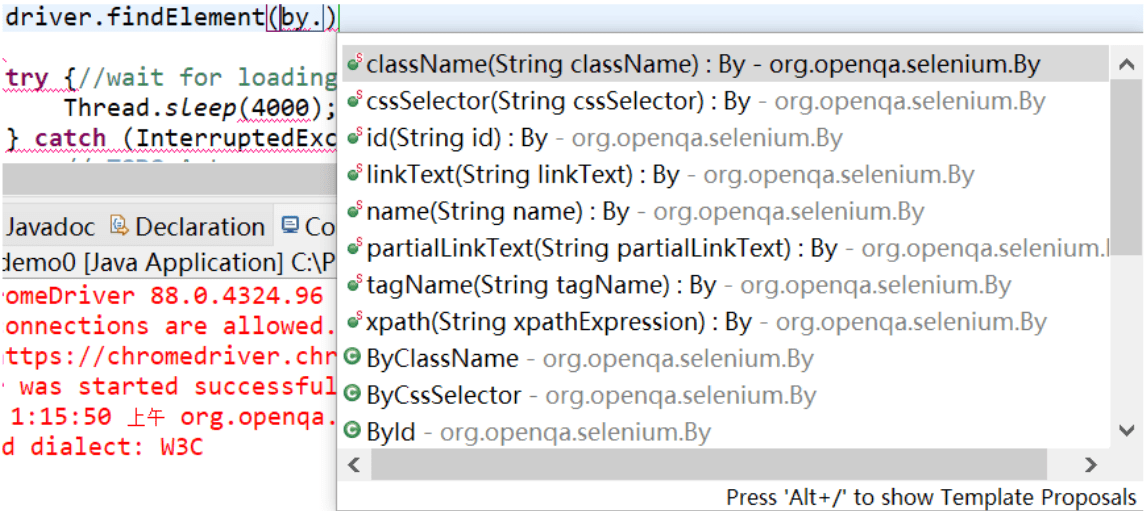 Partial screenshot showing that a developer has typed driver period findElement parentheses by period, and the IDE is providing a variety of options such as className, cssSelector, id, linkText, etc to go after the by period.
