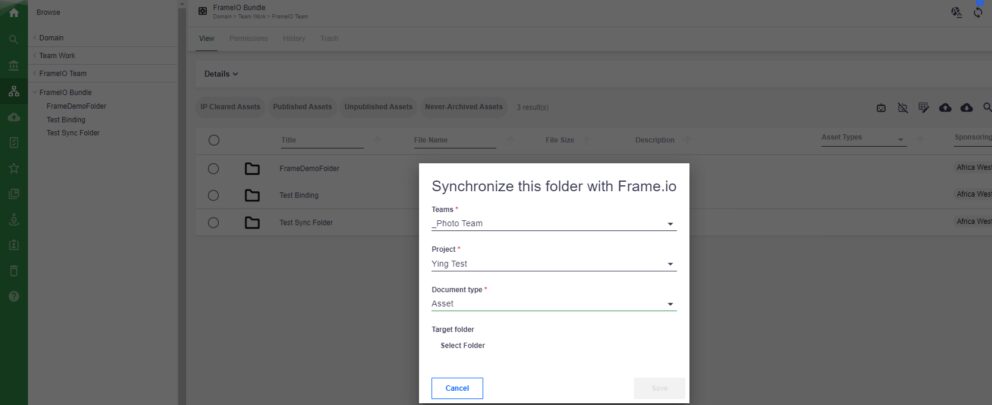 Create the binding between your Frame.io and Nuxeo accounts. First, you need to bind Nuxeo folder and Frame.io together. You’ll be asked to define the action on Frame.io side and then to choose a folder on Nuxeo where you want to send your assets from the Frame.io teams.