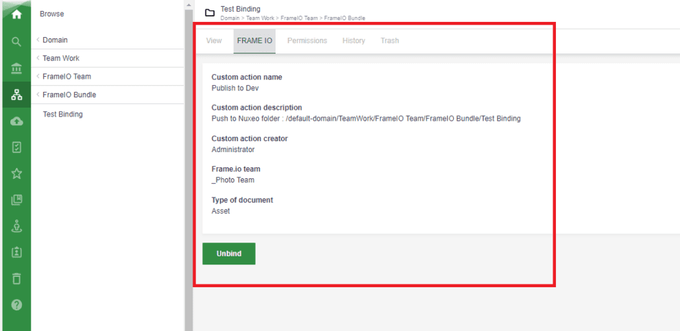 Once the binding is created in the Nuxeo folder, the Frame.io tab will show you the action you defined.