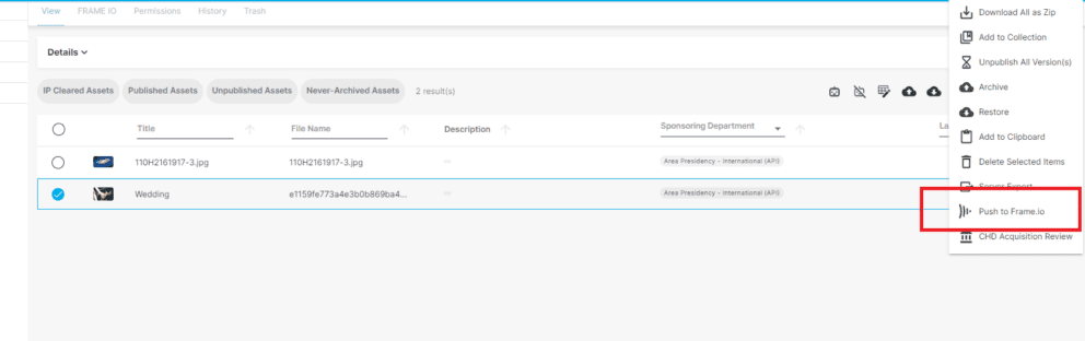 When the add-on is installed, you will see a new action available on your Nuxeo assets called “Push to Frame.io.”