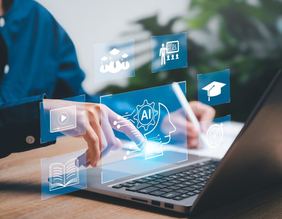 Education technology and AI Artificial Intelligence concept, Woman using laptops with transparent AI logos floating above the keyboard