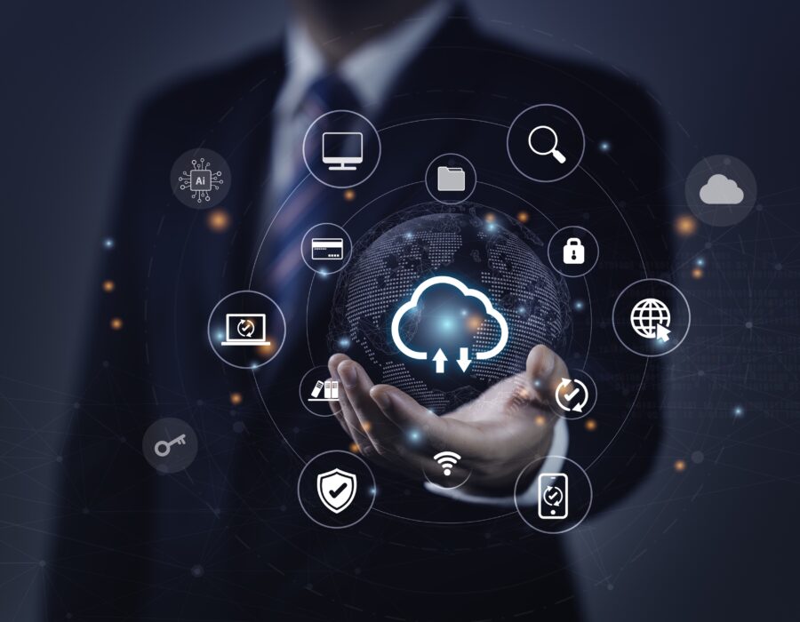Man's torso wearing a suit. Icons including those indicating cloud, security, and AI float in front of him
