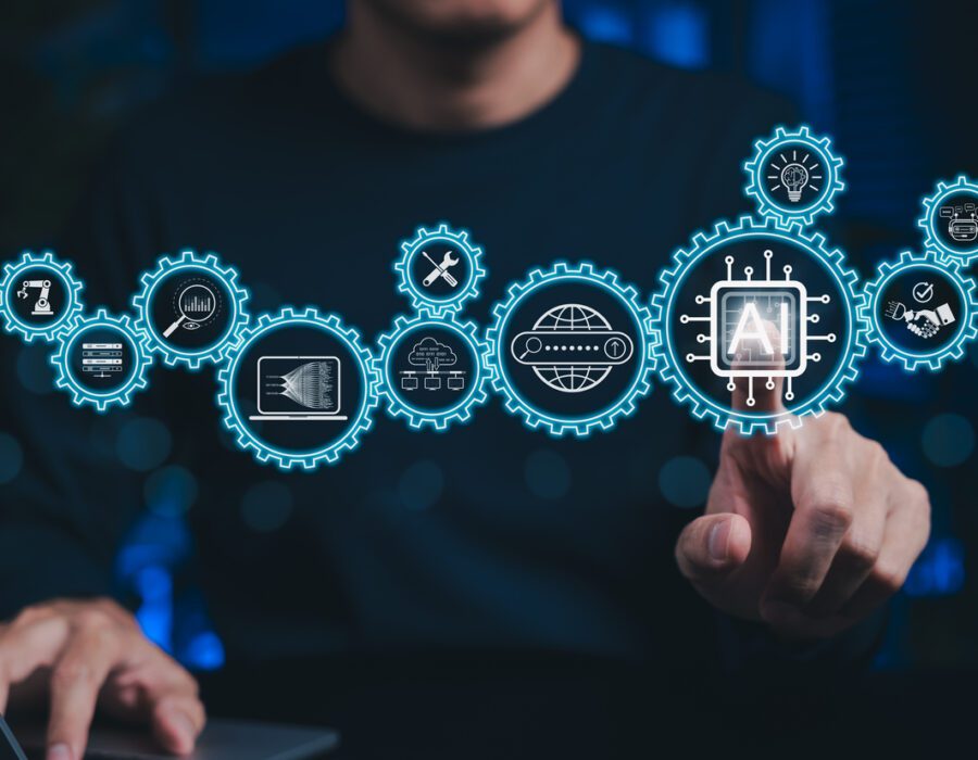 An imagined diagram of a floating screen depicting AI integration. A man's hand points to select the AI icon.