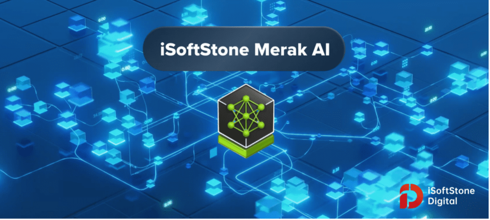 Decorative image with the words "iSoftStone MerakAI" and a diagram linking systems together